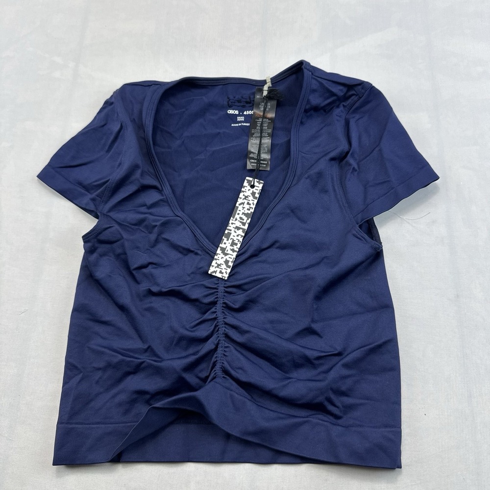 ASOS Womens S US 4-6 Navy Blue Ruched V Neck Short Sleeve Top NWT